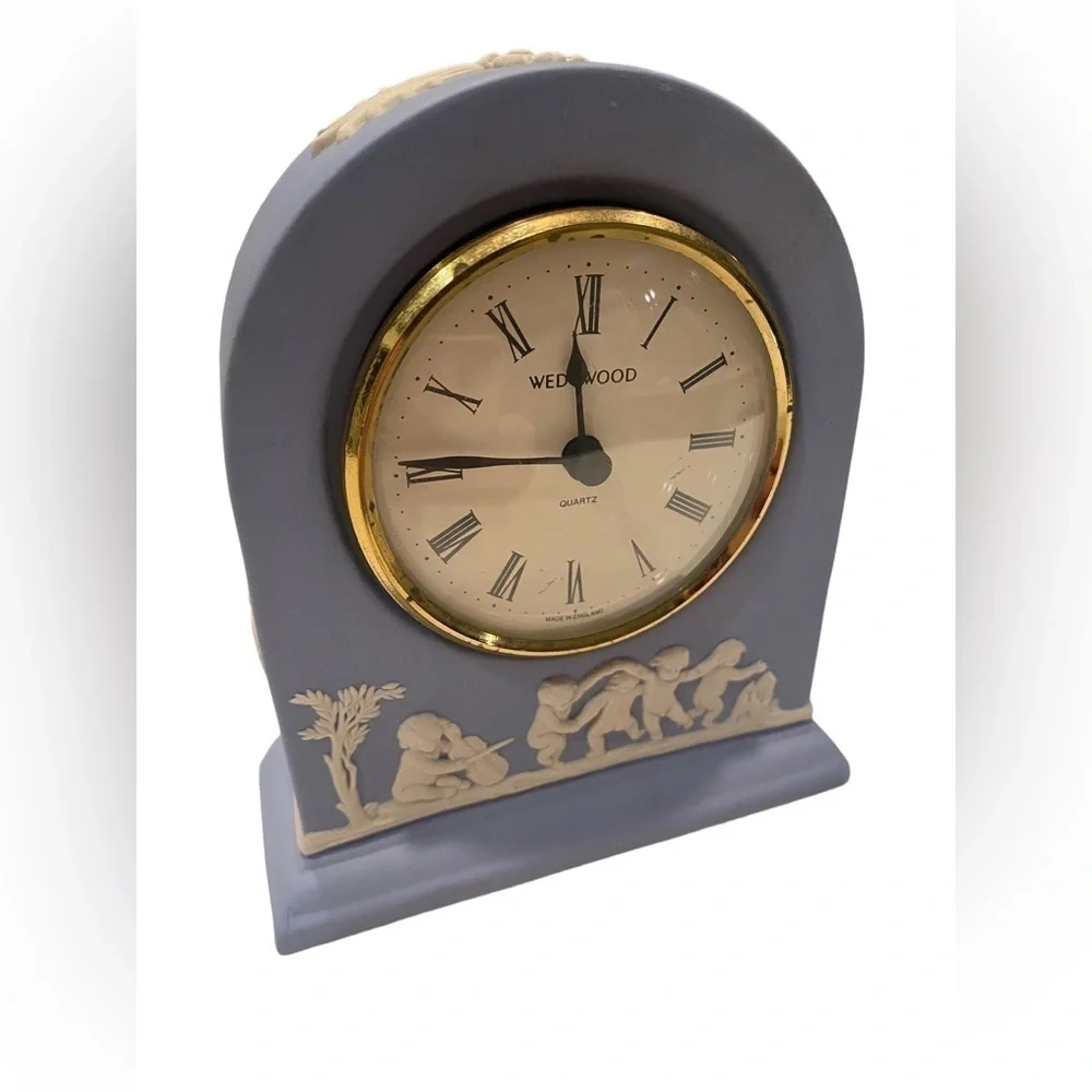 Wedgwood Portland Blue Jasperware Dome Mantel Clock with Cherubs Roman Numerals